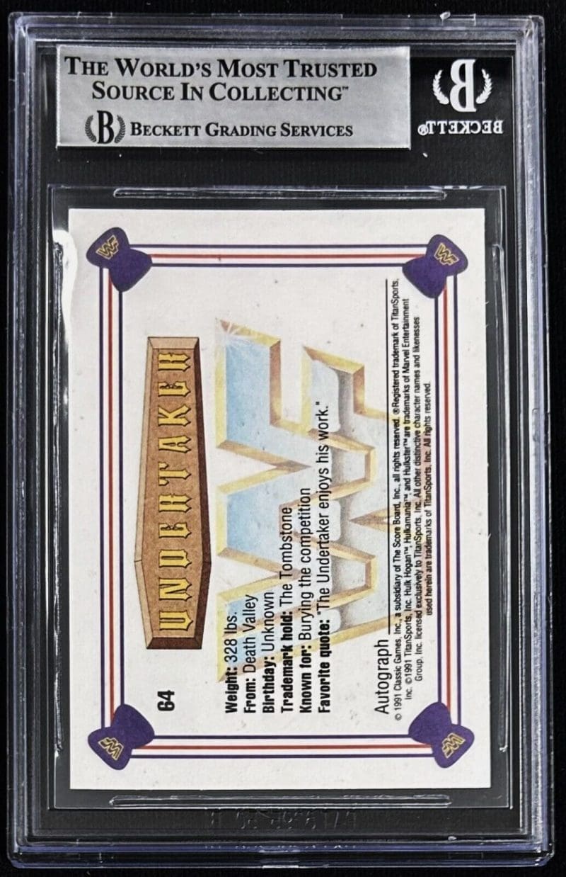 UNDERTAKER Signed 1991 Classic WWF Superstars Card #64 Auto Beckett 00014609827 - Image 2