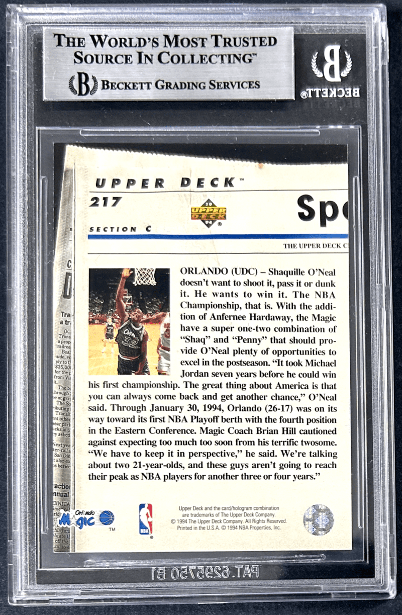 Anfernee Penny Hardaway 1993-94 Upper Deck SE Slabbed Signed Card #217 Beckett - Image 2