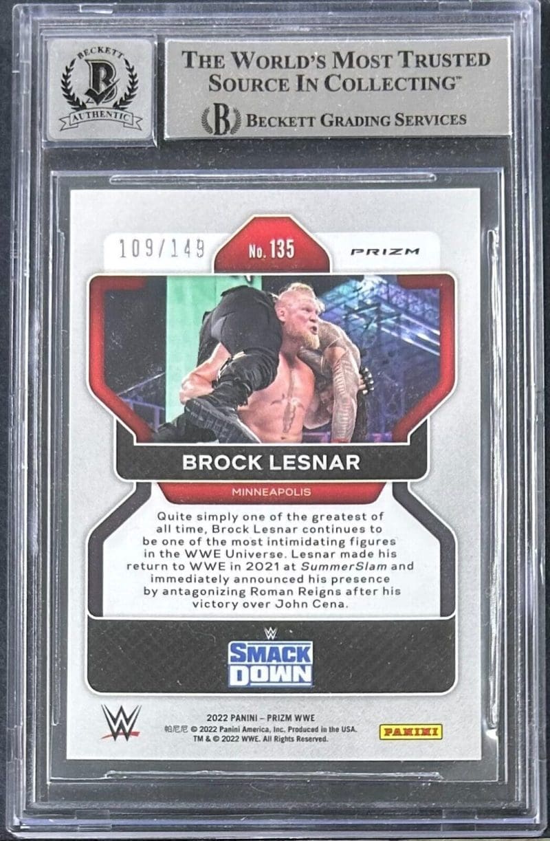 Brock Lesnar Signed 2022 Panini WWE Prizm Purple Card 135 Beckett Auto10 109/149 - Image 2