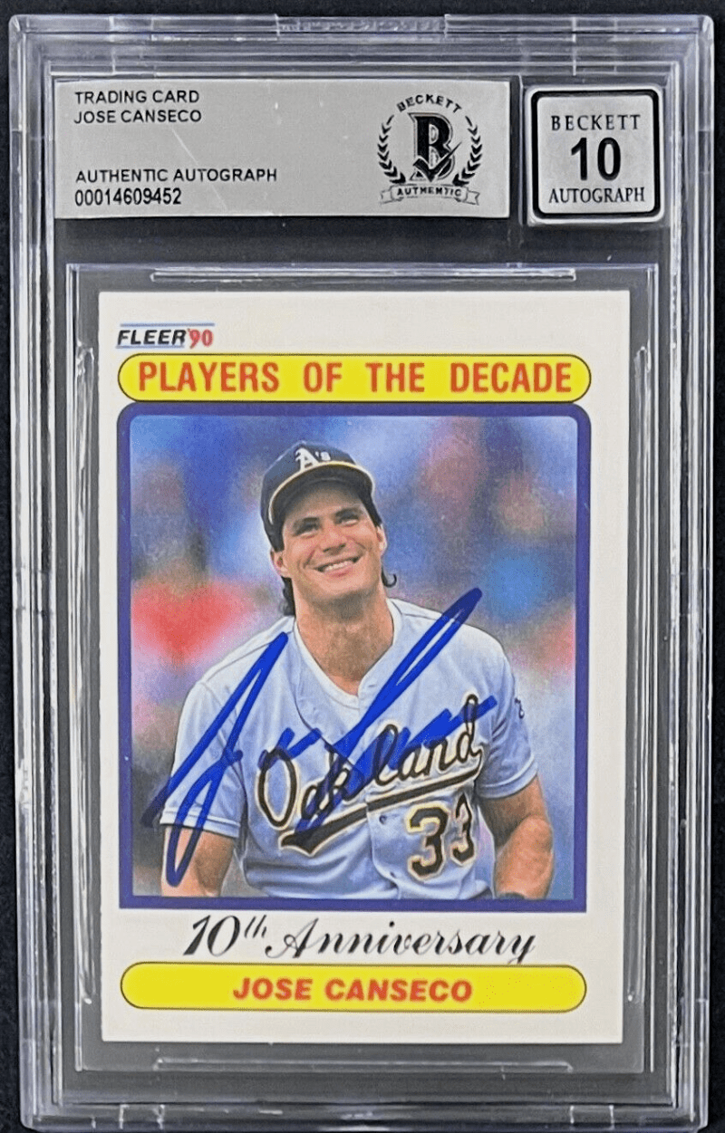 Jose Canseco Signed 1990 Fleer Card #629 Beckett Auto 10 Player of The Decade