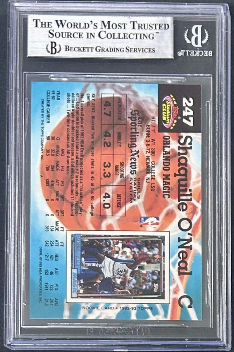 Shaquille O'Neal Signed 1992 Stadium Club #247 RC BAS Beckett - Image 2