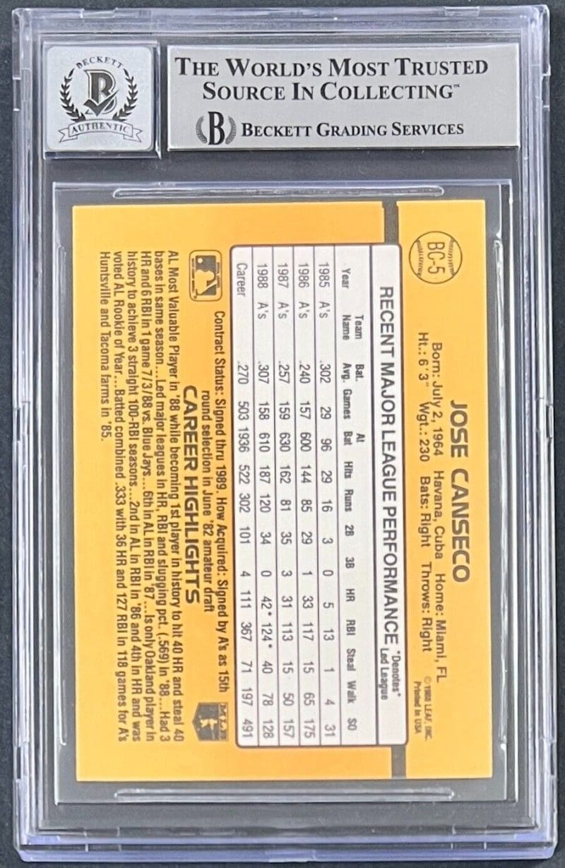 Jose Canseco Signed 1989 Donruss MVP #BC-5 BAS Beckett Auto 10 Oakland A's - Image 2