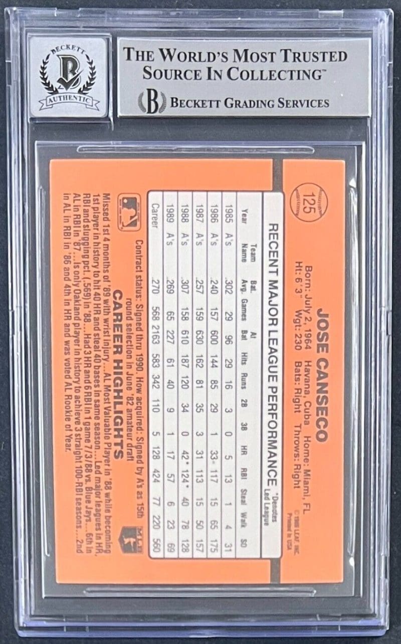 Jose Canseco Signed 1990 Donruss Card 125 Beckett Auto10 Oakland A's - Image 2