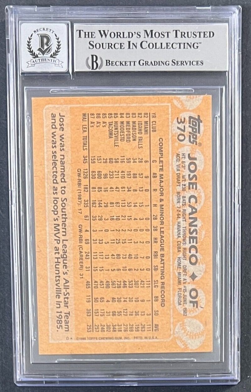 Jose Canseco Signed 1988 Topps Card #370 Beckett Auto10 Oakland A's - Image 2