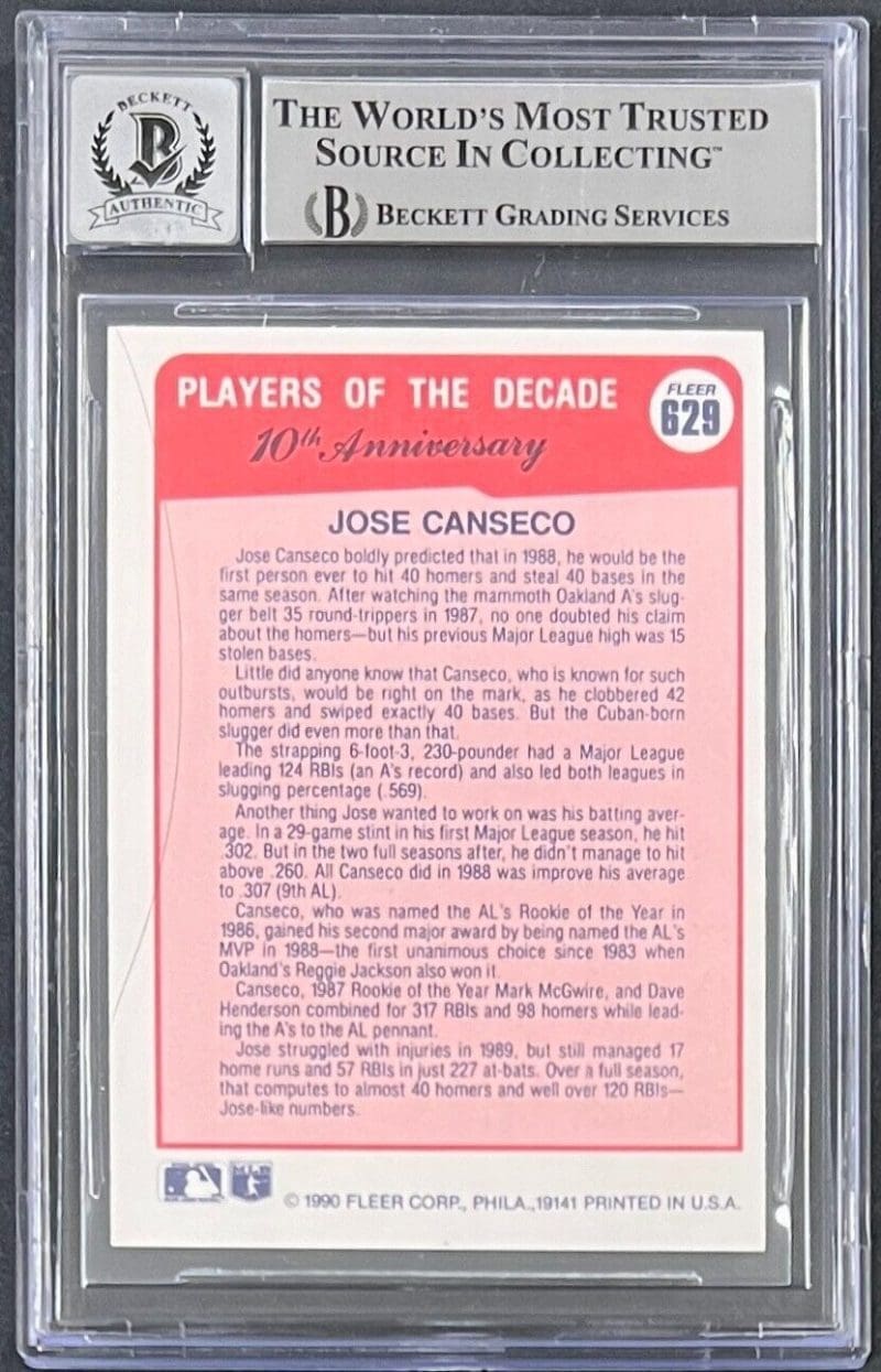 Jose Canseco Signed 1990 Fleer Card #629 Beckett Auto 10 Player of The Decade - Image 2