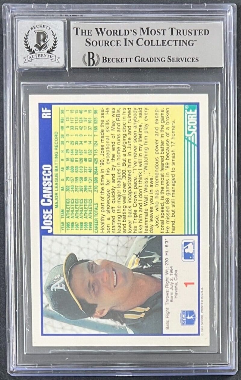 Jose Canseco Signed 1991 Score Card #1 BAS Beckett Auto 10 Oakland A's - Image 2