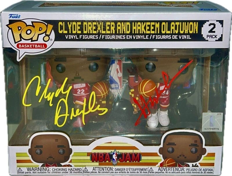 Clyde Drexler  Hakeem Olajuwon Signed Autographed Funko POP 2 JSA Yellow/RED