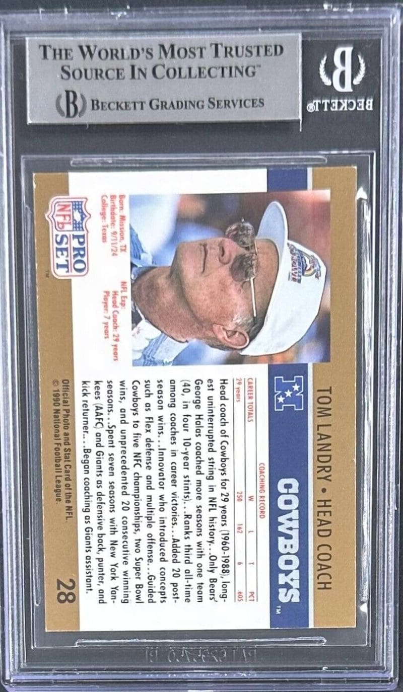 Tom Landry Signed 1990 Pro Set HOF Card #28 Beckett 16091682 - Image 2