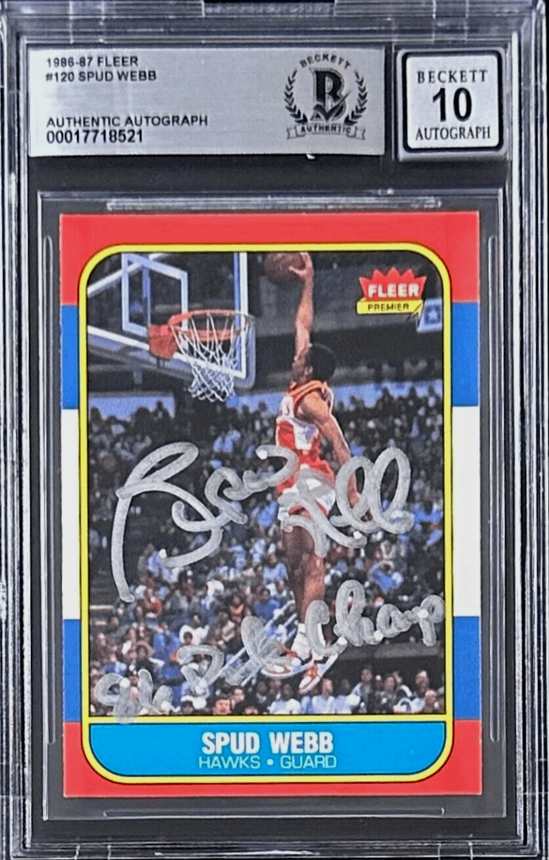 Spud Webb Signed 1986-87 Fleer Card #120 Beckett Atlanta Hawks Auto 10 Dunk Cham