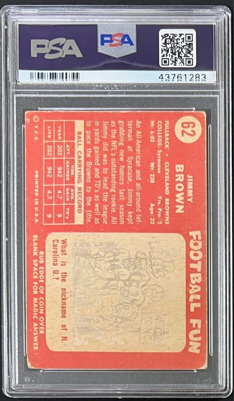 Jimmy "Jim" Brown Signed 1958 Topps Card #62 PSA/DNA 43761283 - Image 2