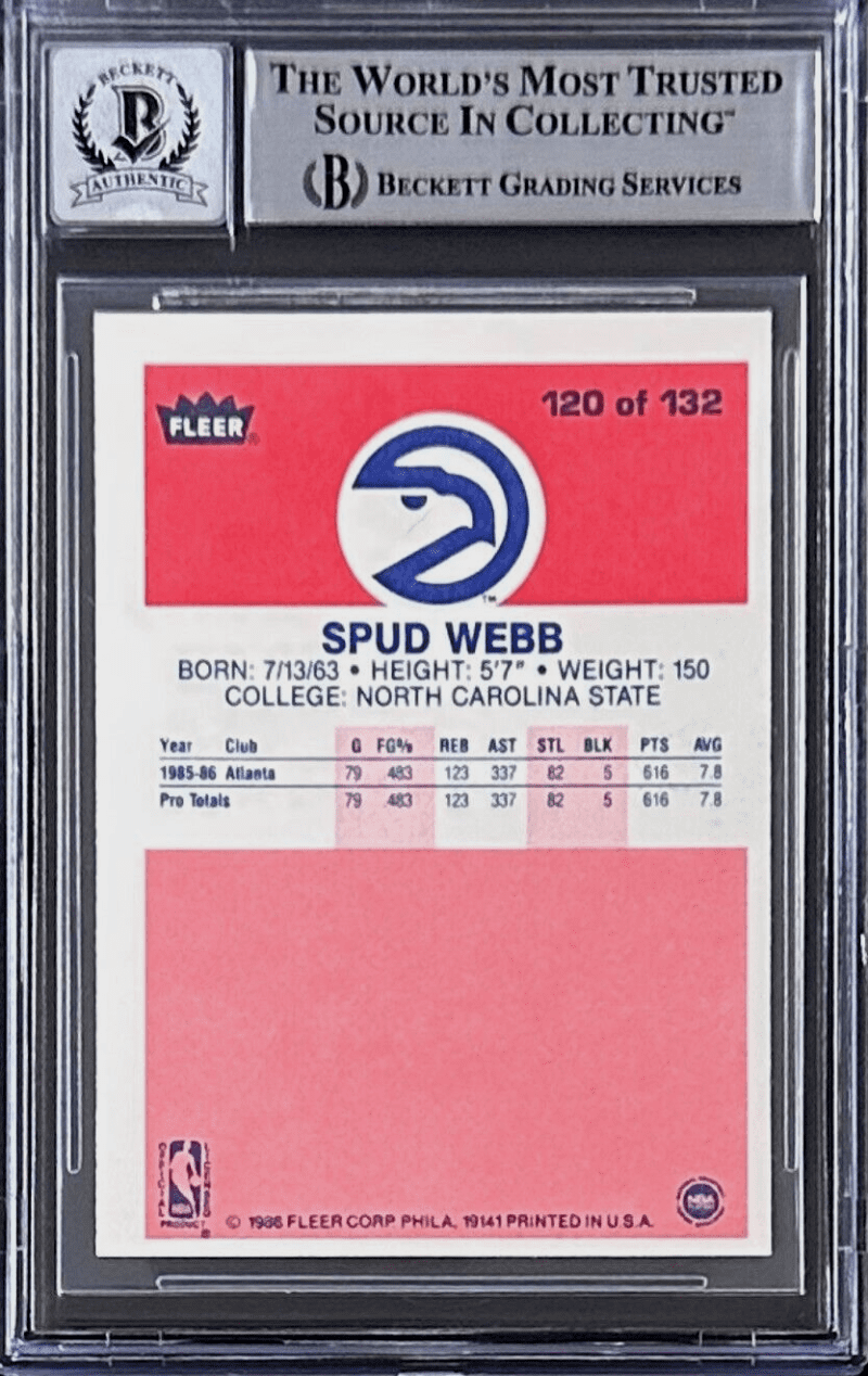 Spud Webb Signed 1986-87 Fleer Card #120 Beckett Atlanta Hawks Auto 10 Dunk Cham - Image 2