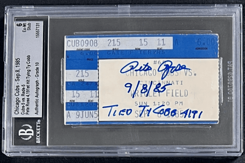 Pete Rose Signed Sep 8 1985 Reds Ticket Stub Beckett EXMT6 Tied Ty Cobb 4191