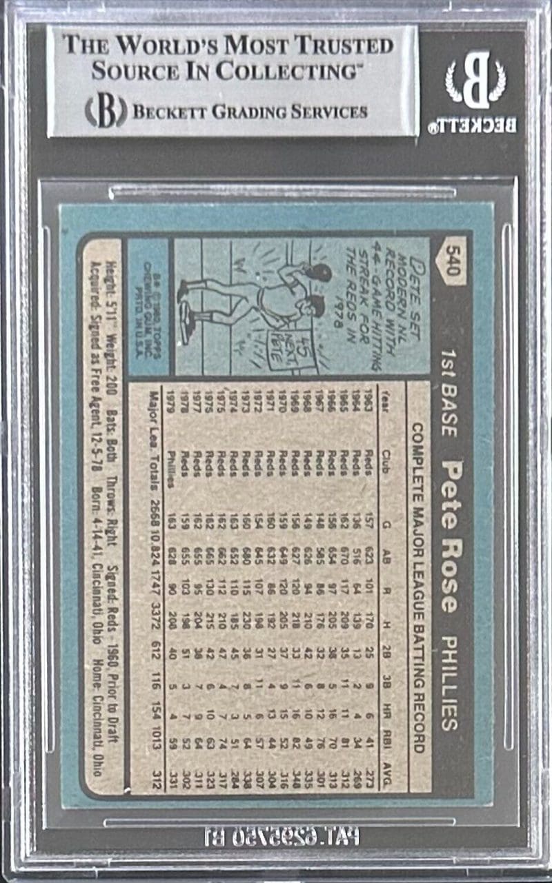 Pete Rose Signed 1980 Topps #540 Beckett BAS Philadelphia Phillies - Image 2