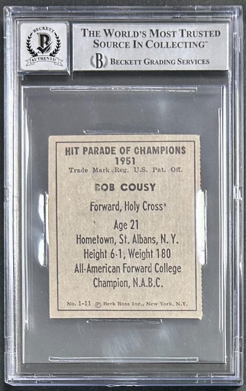 Bob Cousy Signed 1951 Berk Ross Card #1-11 Beckett 16627586 Auto 10 - Image 2