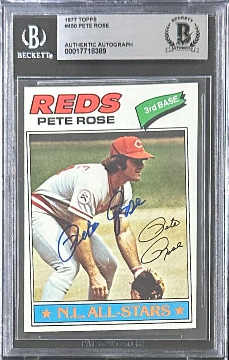 Pete Rose Signed 1977 Topps Card #450 Beckett Authenticated Cincinnati Reds