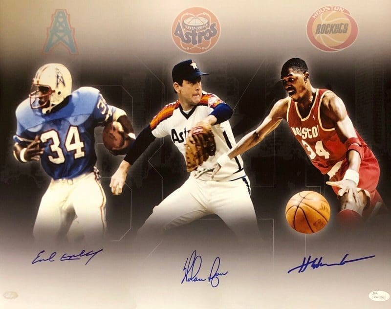 Hakeem Olajuwon Earl Campbell Nolan Ryan Signed 16x20 JSA and NR Authentic
