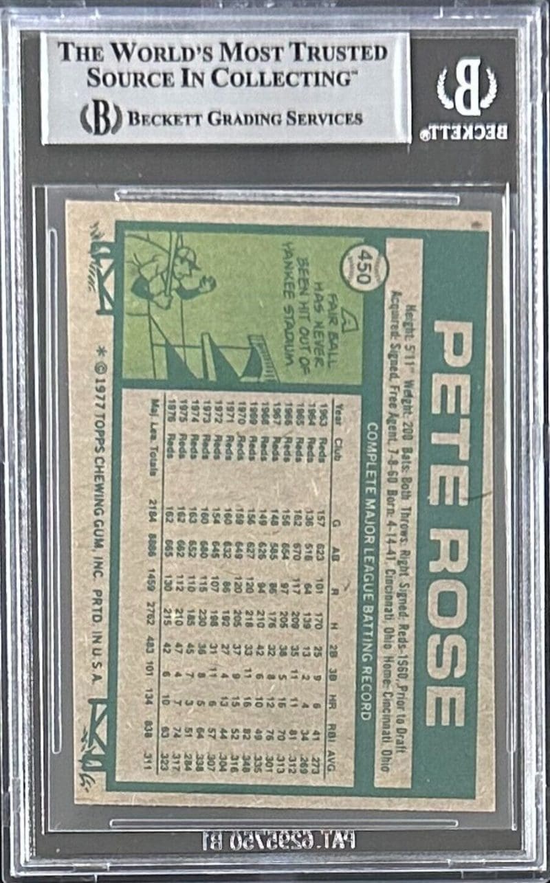 Pete Rose Signed 1977 Topps Card #450 Beckett Authenticated Cincinnati Reds - Image 2