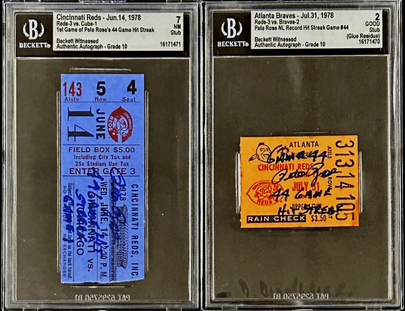 Pete Rose Signed 1st Game and Game 44 of NL Record Hit Streak Tickets Stubs BAS