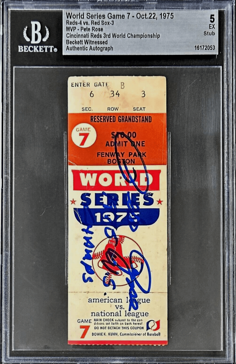 Pete Rose Signed 1975 Word Series Game 7 Ticket Stub Beckett 5 Ex Rose WS MVP