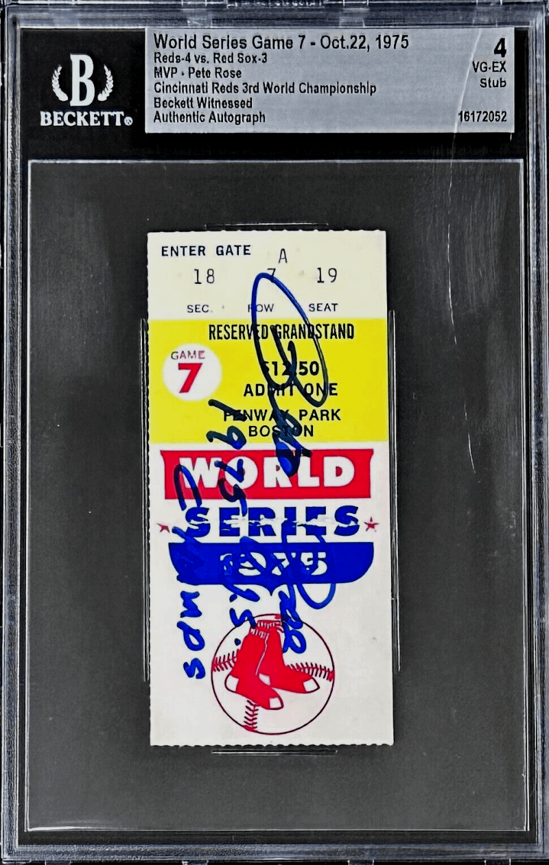 Pete Rose Signed 1975 Word Series Game 7 Ticket Stub Beckett 4 VG-Ex Rose WS MVP