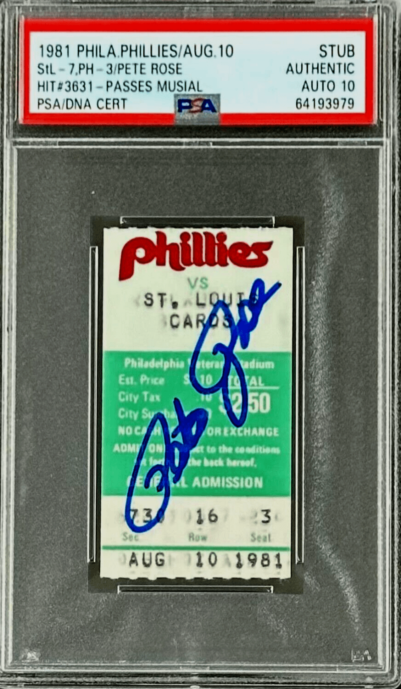 Pete Rose Signed Phillis 8/10/1981 Ticket Stub PSA/DNA Hit #3631 Passes Musial