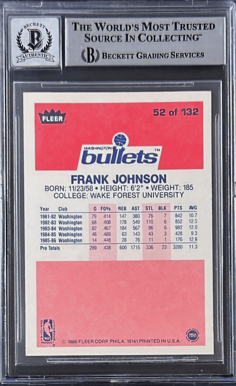 Frank Johnson Signed 1986-87 Fleer Rookie Card #52 Beckett Bullets Auto 10 - Image 2