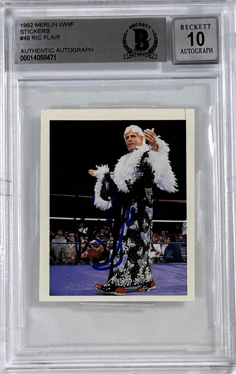 Ric Flair Signed 1992 Merlin WWF Sticker Card #49 Beckett Auto 10