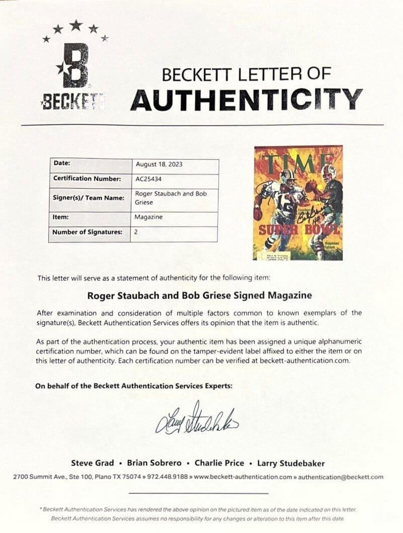 Roger Staubach & Bob Griese Signed Autographed Time Magazine Beckett Full Letter - Image 2