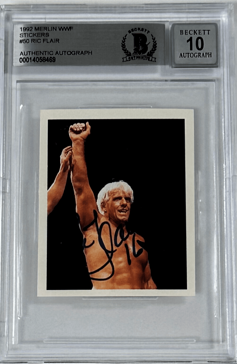 Ric Flair Signed 1992 Merlin WWF Sticker Card #50 Beckett Auto 10 14058469