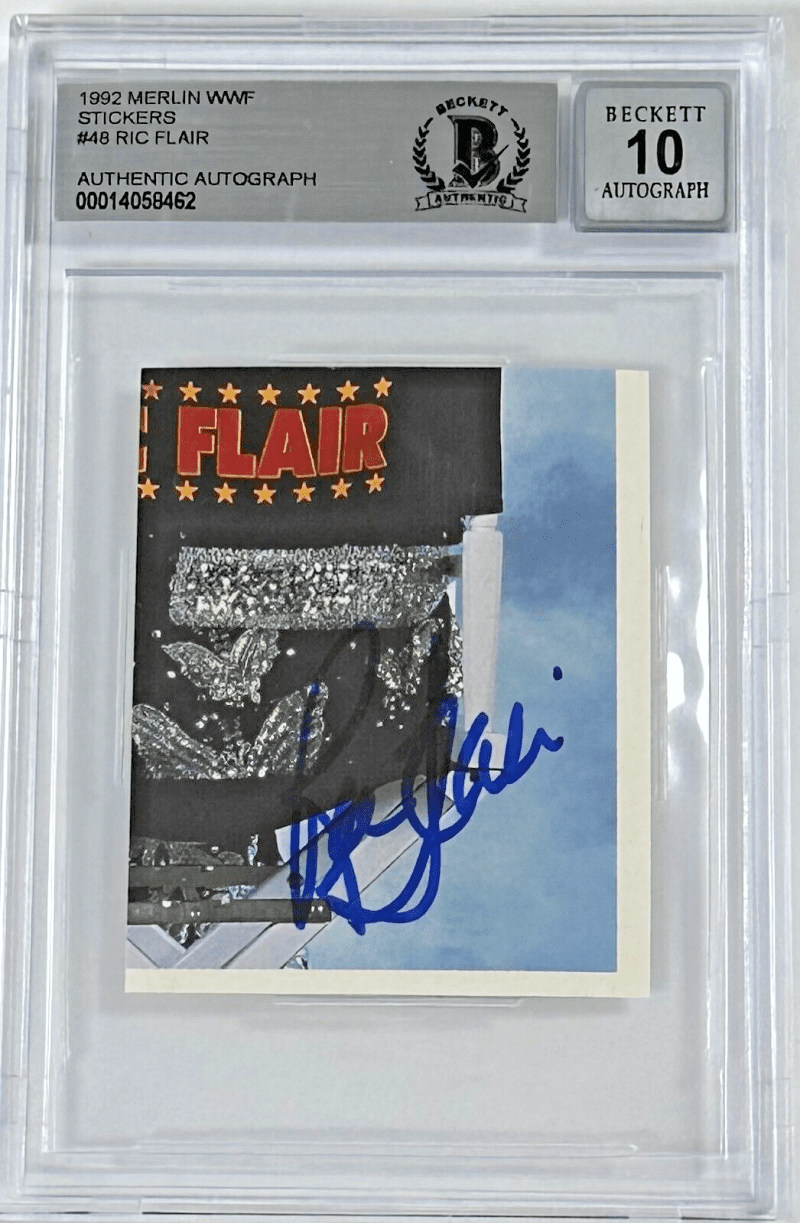 Ric Flair Signed 1992 Merlin WWF Sticker Card #48 Beckett Auto 10 14058462