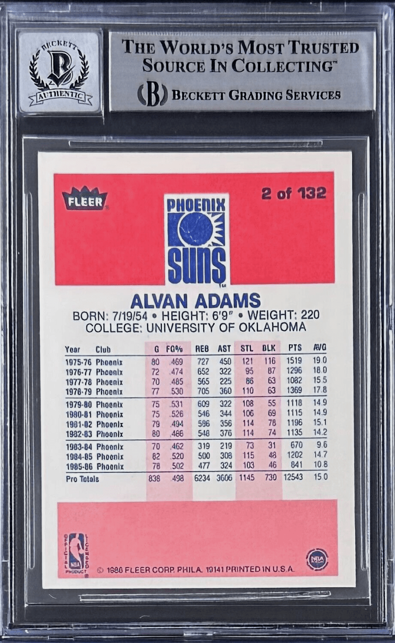 Alvan Adams Signed 1986-87 Fleer Card #2 Beckett Phoenix Suns Auto 10 - Image 2