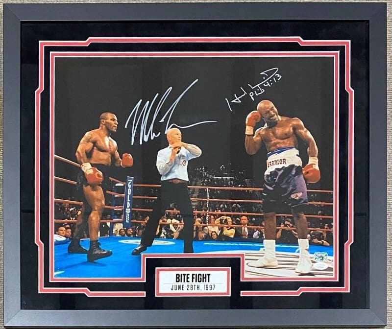 MIKE TYSON EVANDER HOLYFIELD Signed Autographed Framed 16x20 Photo JSA Authen