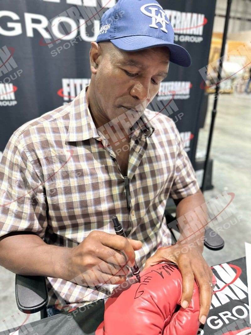 Mike Tyson & Evander Holyfield Signed Autograph Red Boxing Glove JSA Left - Image 3