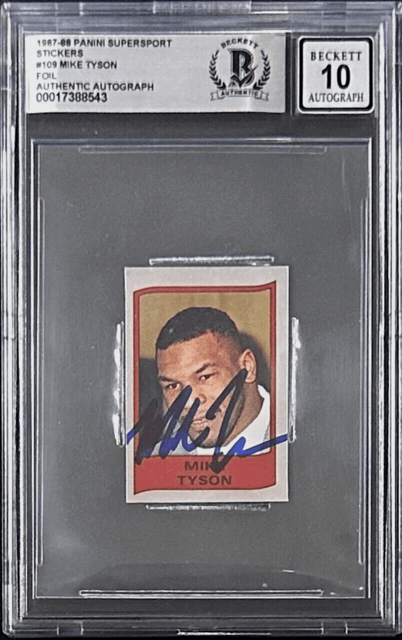 Mike Tyson Signed 1987-88 Panini Supersport Stickers Card BAS Auto 10 170388543