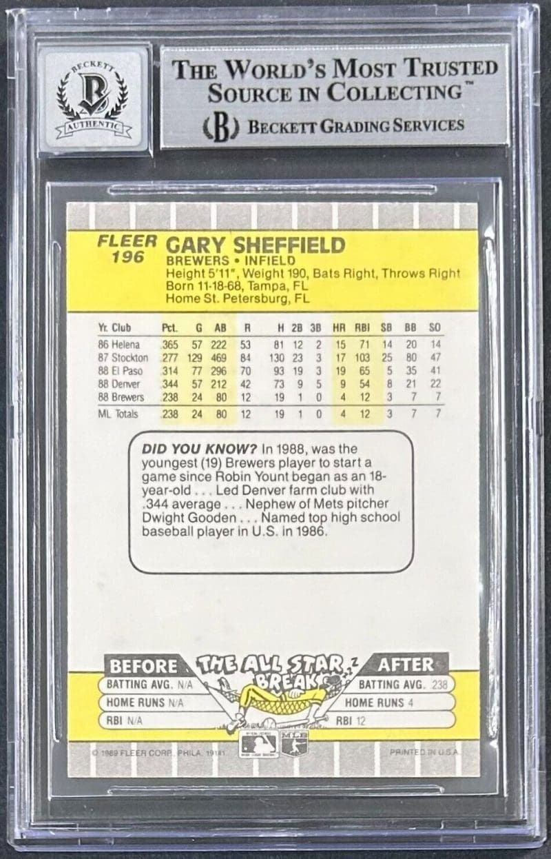 Gary Sheffield Signed 1989 Fleer Card #196 Beckett Brewers Rookie Auto 10 - Image 2