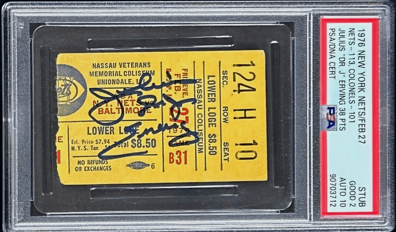 Julius "Dr. J" Erving 38 Points Signed New York Nets Ticket Stub PSA Auto 10