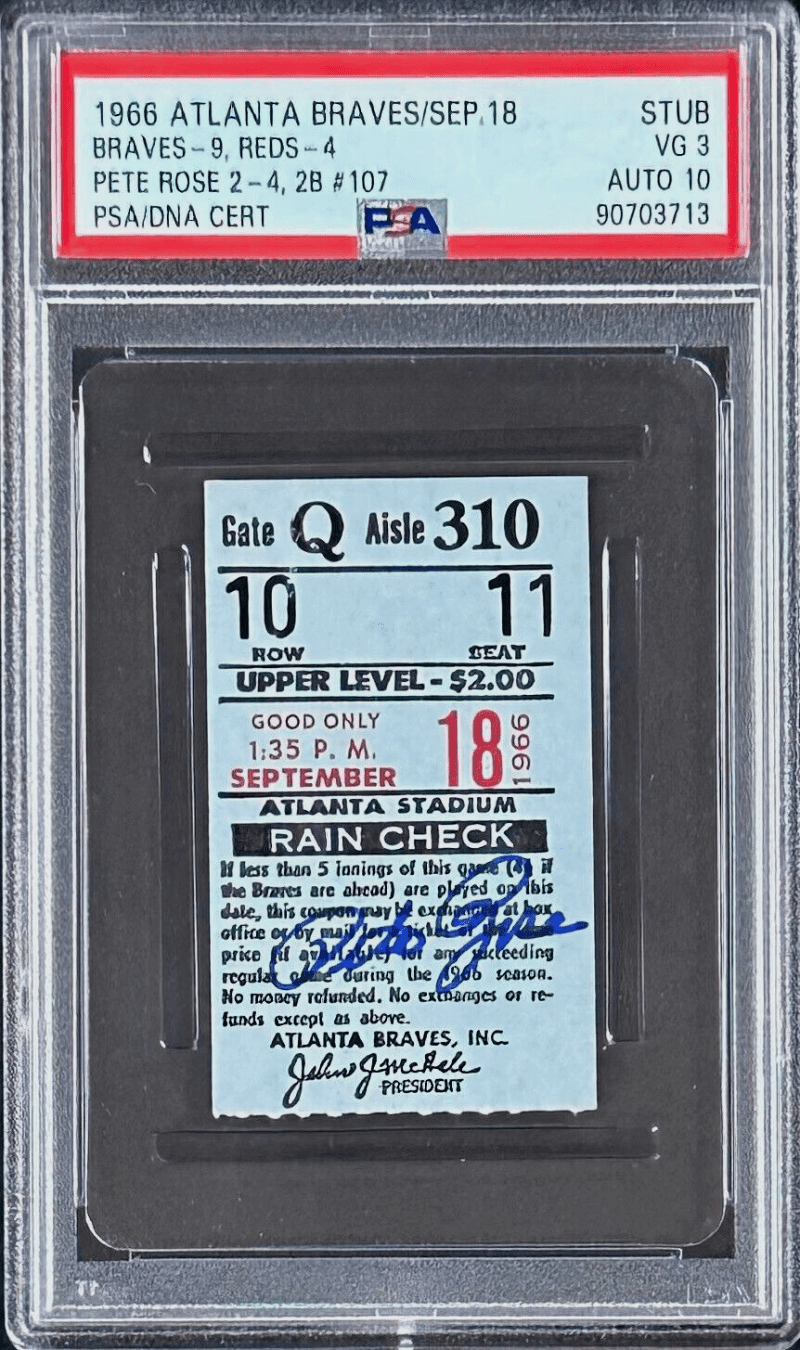 Pete Rose 2-4 Double #107 Signed Cincinnati Reds Ticket Stub PSA VG 3 Auto 10