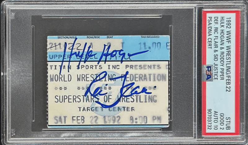 Hulk Hogan & Ric Flair Super Stars of Wrestling Signed 1992 WWF Ticket Stub PSA