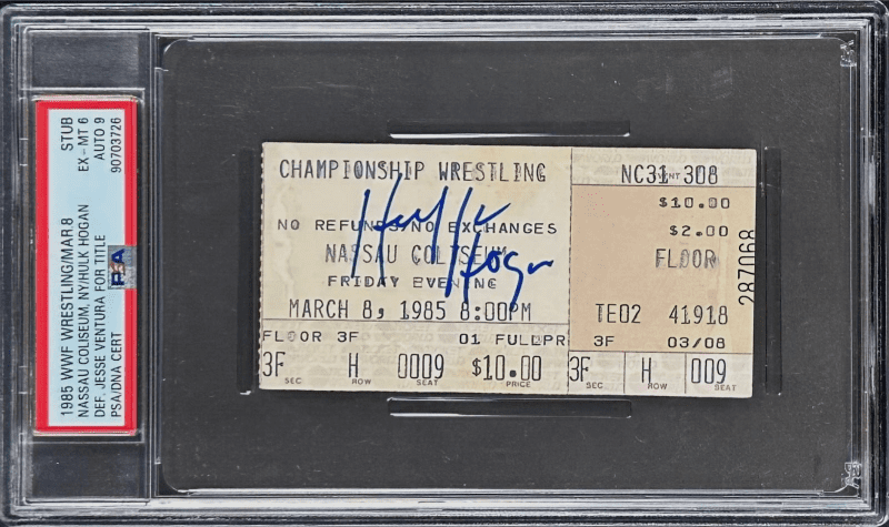 Hulk Hogan Def Jesse Ventura for Title Signed 1985 WWF Ticket Stub PSA EX-MT 6