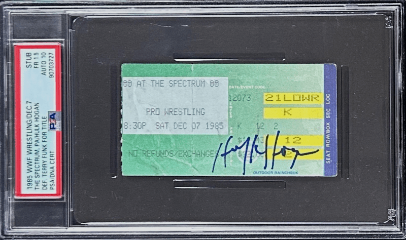 Hulk Hogan Def. Terry Funk for The Title Signed 1985 WWF Ticket Stub PSA FR 1.5