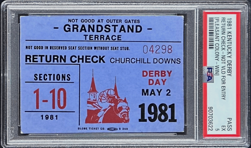 1981 Kentucky Derby Slabbed PSA Return Check Stub EX 5 Winner Pleasant Colony