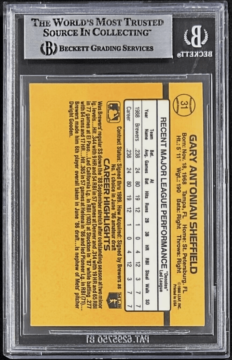 Gary Sheffield Signed 1989 Donruss Rated Rookie Card #31 Beckett Brewers - Image 2