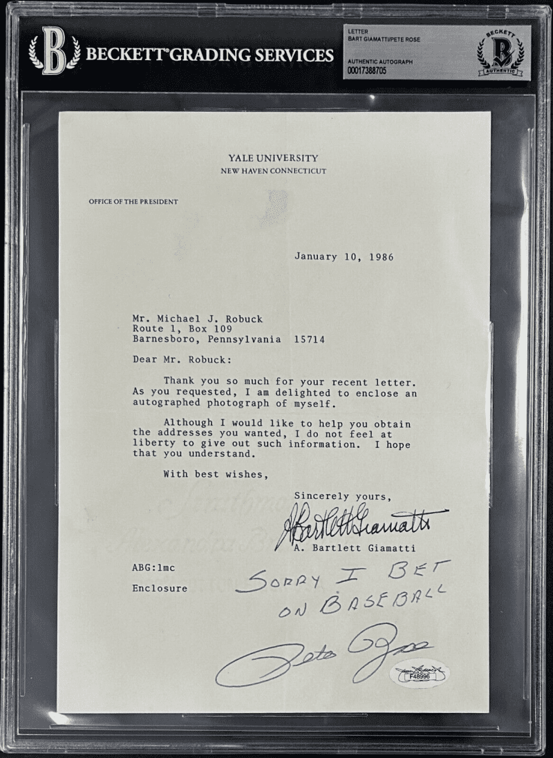 Pete Rose & Bart Giamatti Signed Letter Sorry I Bet On Baseball Beckett JSA