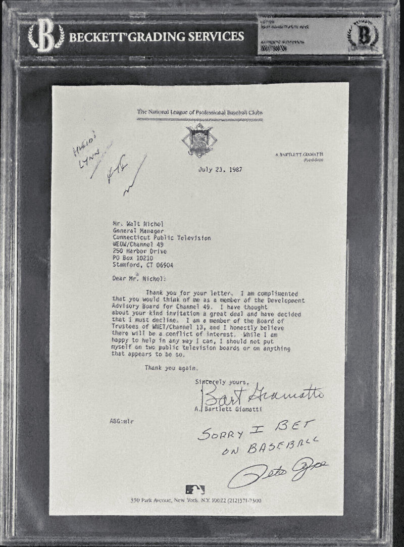 Pete Rose & Bart Giamatti Signed Letter Sorry I Bet On Baseball Beckett