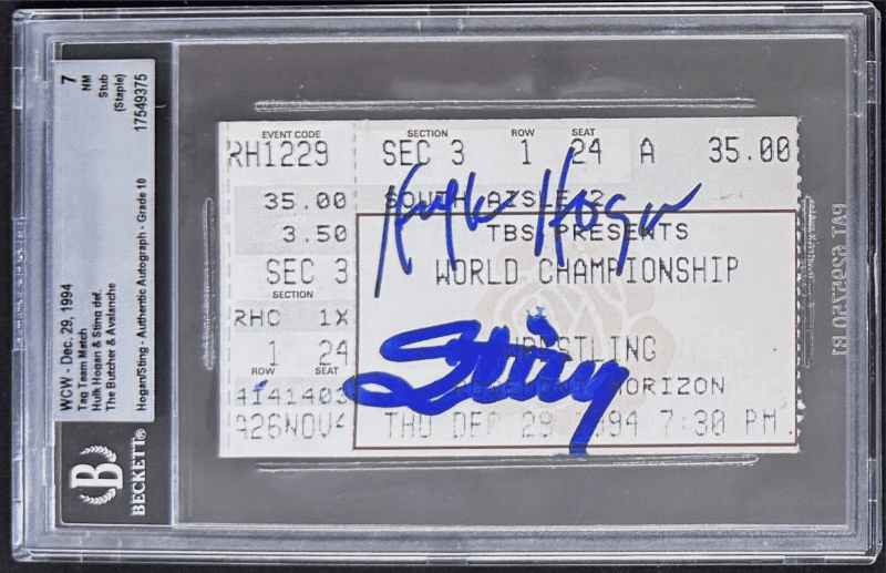 Hulk Hogan & STING Signed Autographed 1994 WCW Ticket Stub Beckett 7 NM Auto 10