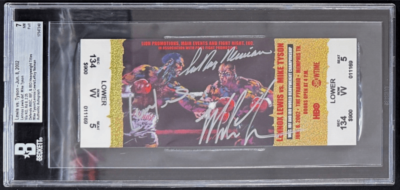 Mike Tyson Lennox Lewis & LeRoy Neiman Signed 2002 Full Ticket Beckett 7 NM