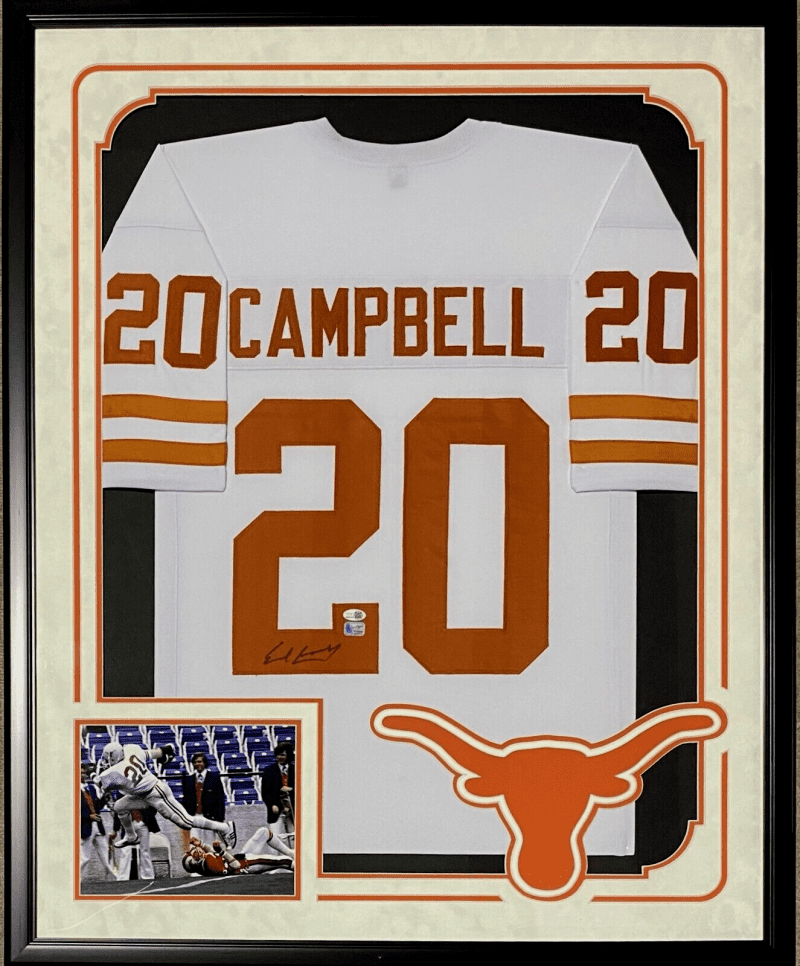 Earl Campbell Signed Autographed Framed White/Orange Jersey JSA Suede Cut Logo