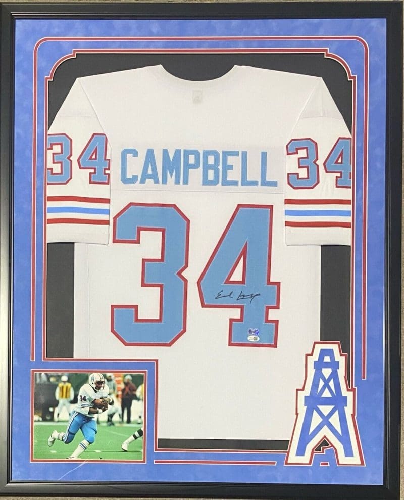 Earl Campbell Signed Autographed Framed White/Blue Jersey JSA Suede Cut Logo
