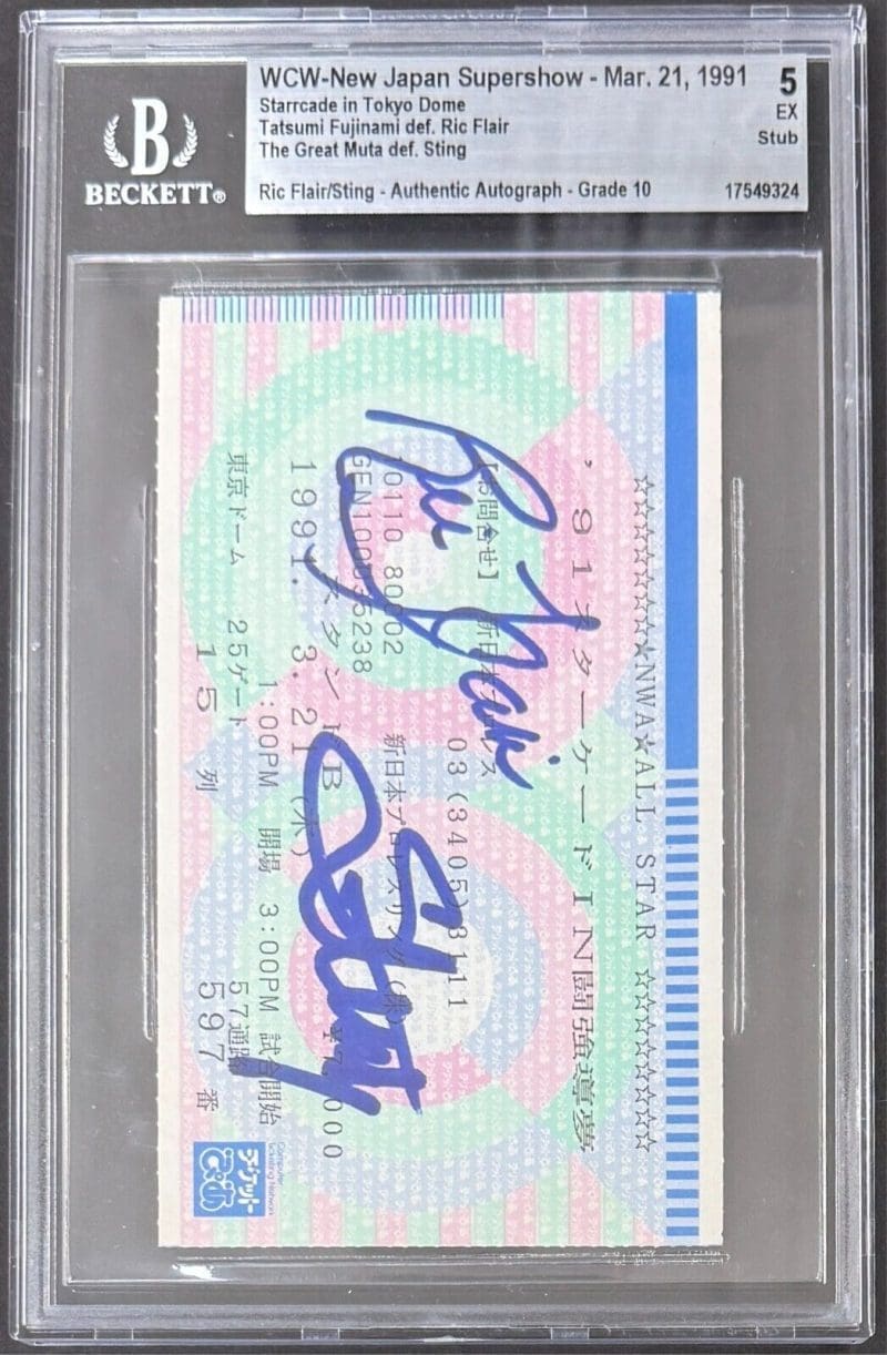 Ric Flair & STING Signed 1991 Starrcade WCW/New Japan Ticket Stub BAS 7 Auto 10 - Image 3