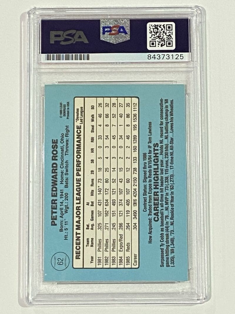 Pete Rose Signed 1986 Donruss Card #62 PSA DNA Cincinnati Reds - Image 2